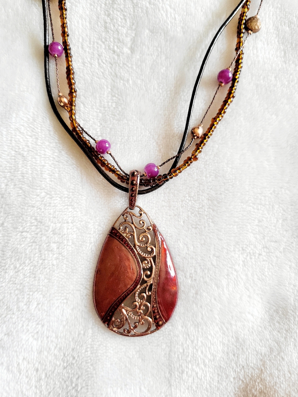 Multi-Strand Purple Beaded & Copper Teardrop Pendant Necklace